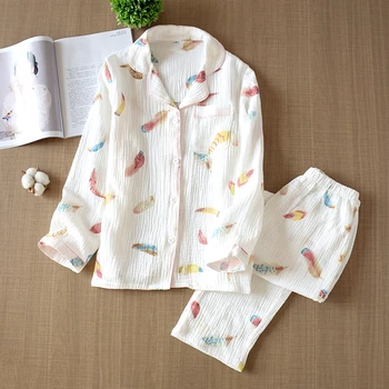 

JULY'S SONG Spring Autumn New Women CottonPajamas Set 2 Pieces Feather Printing Long-sleeved Cute Casual Sleepwear Suit