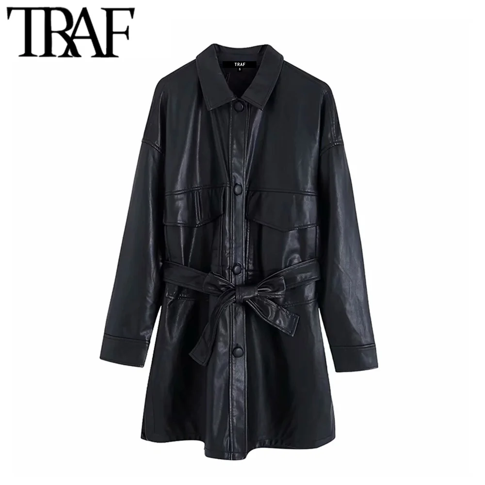 TRAF, Женская винтажная шикарная куртка из искусственной кожи с карманами и поясом, модное пальто с длинным рукавом и боковыми отверстиями, женская верхняя одежда из искусственной кожи