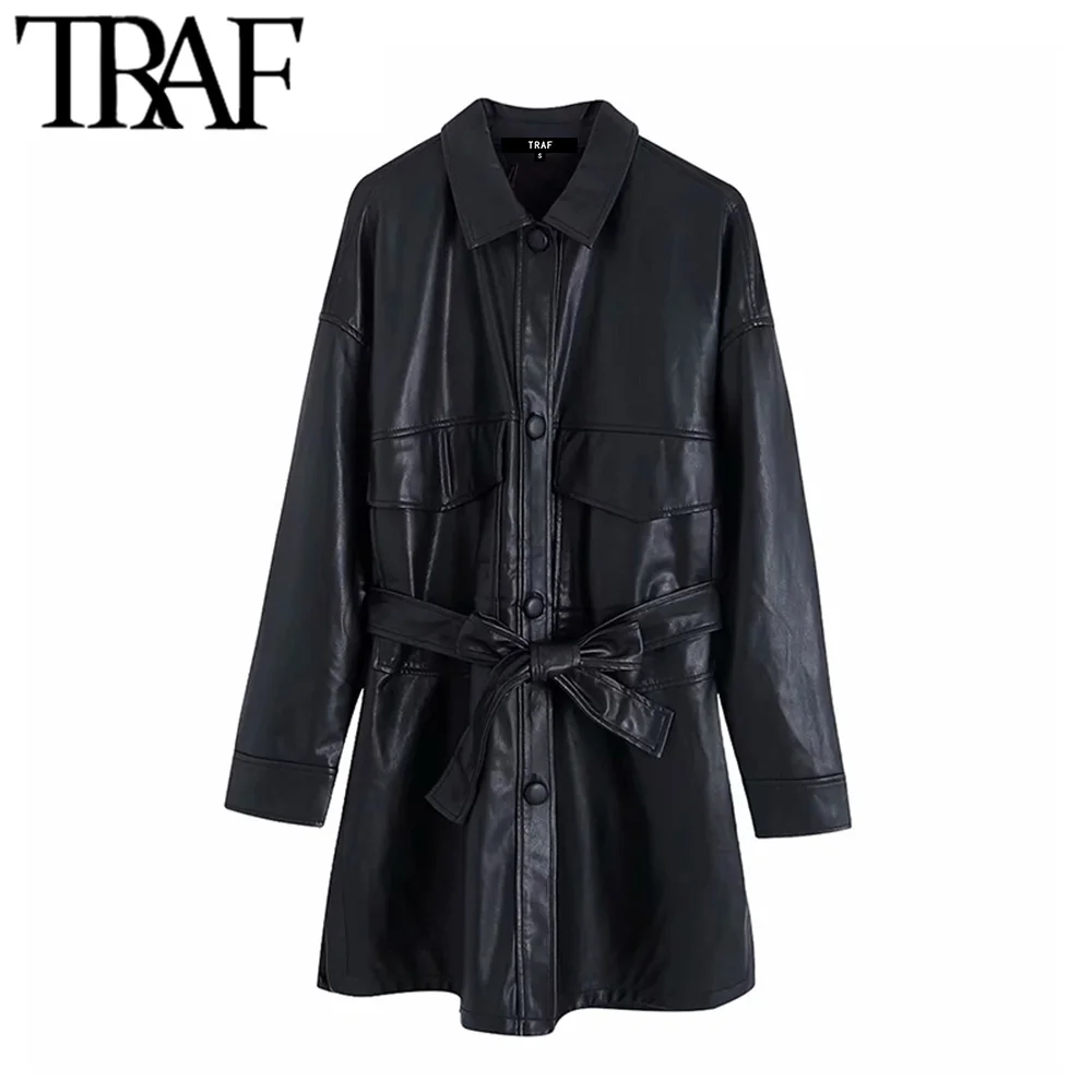 

TRAF Women Vintage Chic Pockets With Belt Faux Leather Jacket Coat Fashion Long Sleeve Side Vents Female PU Overshirt Tops