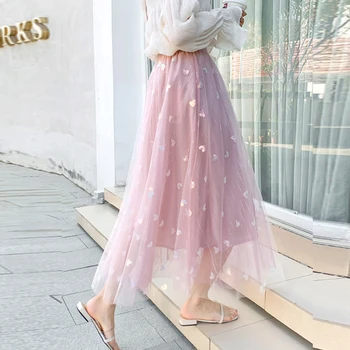 

Spring Hearts Sequins Long Gauze Skirt Candy Metallic Dots A-line Pleated Ankle Long Tulle Skirts Pink Ivory