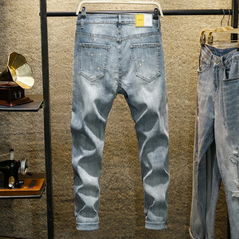 Blog Men Jeans Stretch Street Paint point Design Fashion Ankle Zipper Jeans For Men Trendy Men Skinny Jeans Zipper Street Biker Pants