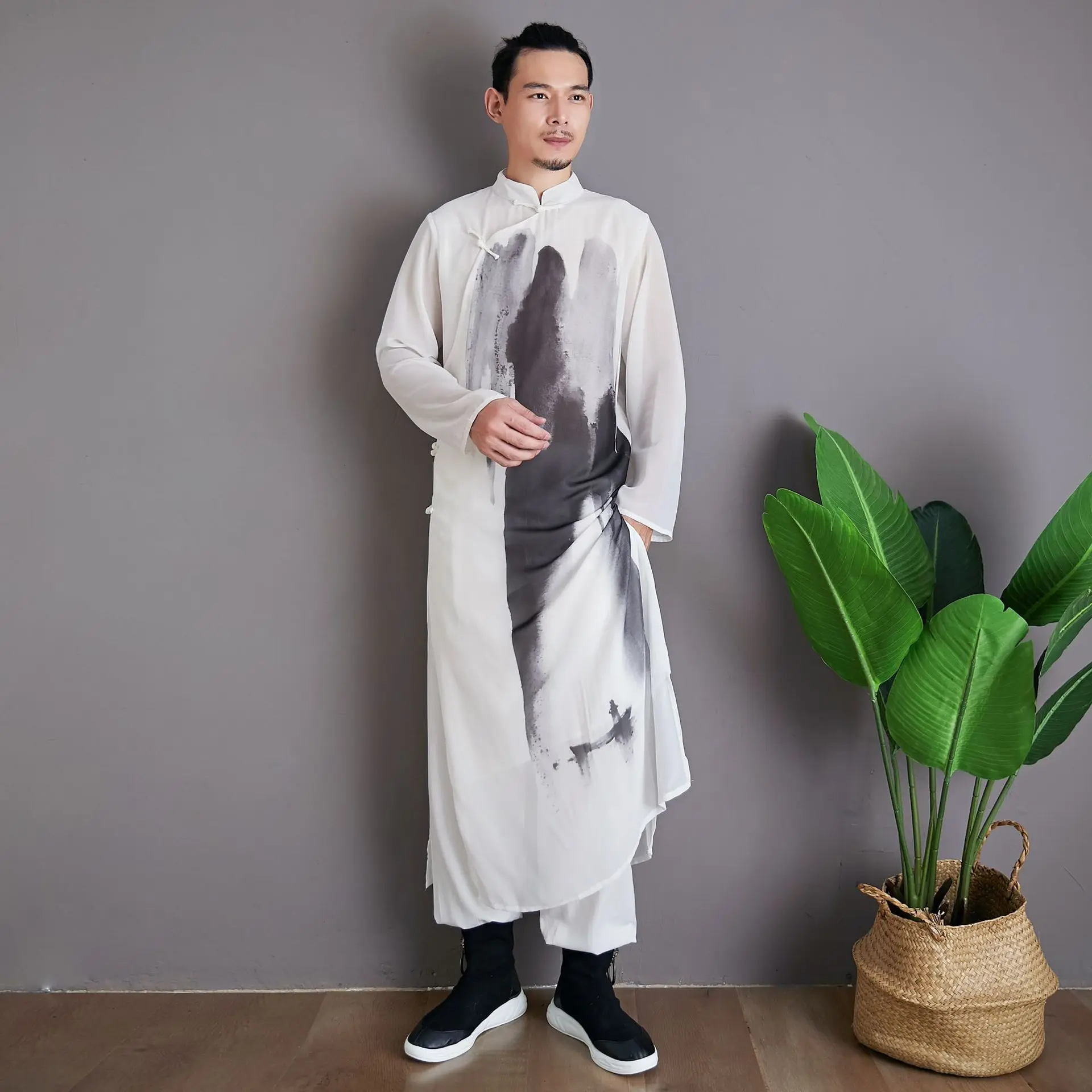 

Vintage Chiffon Shirt Ribbon Landscape Chinese Style Stand Collar Crossbody Handmade Buttonhole Loop Long Robe Long Sweater