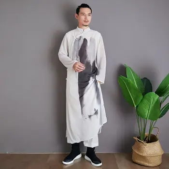 

Vintage Chiffon Shirt Ribbon Landscape Chinese Style Stand Collar Crossbody Handmade Buttonhole Loop Long Robe Long Sweater