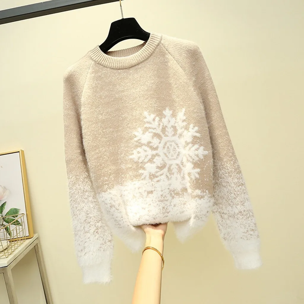 MISSOMO осенне-зимняя женская одежда с круглым вырезом и рождественским принтом снежинки, толстый вязаный свитер, женские топы, пуловер, джемпер