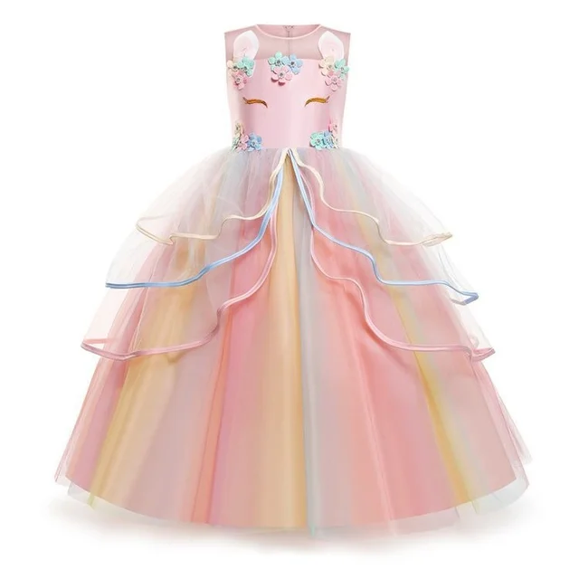 2021 Girls Unicorn Dress Kids Flower Appliques Ball Gown Princess Dresses Elegant Party Costumes Children Clothing Birthday Gift 5