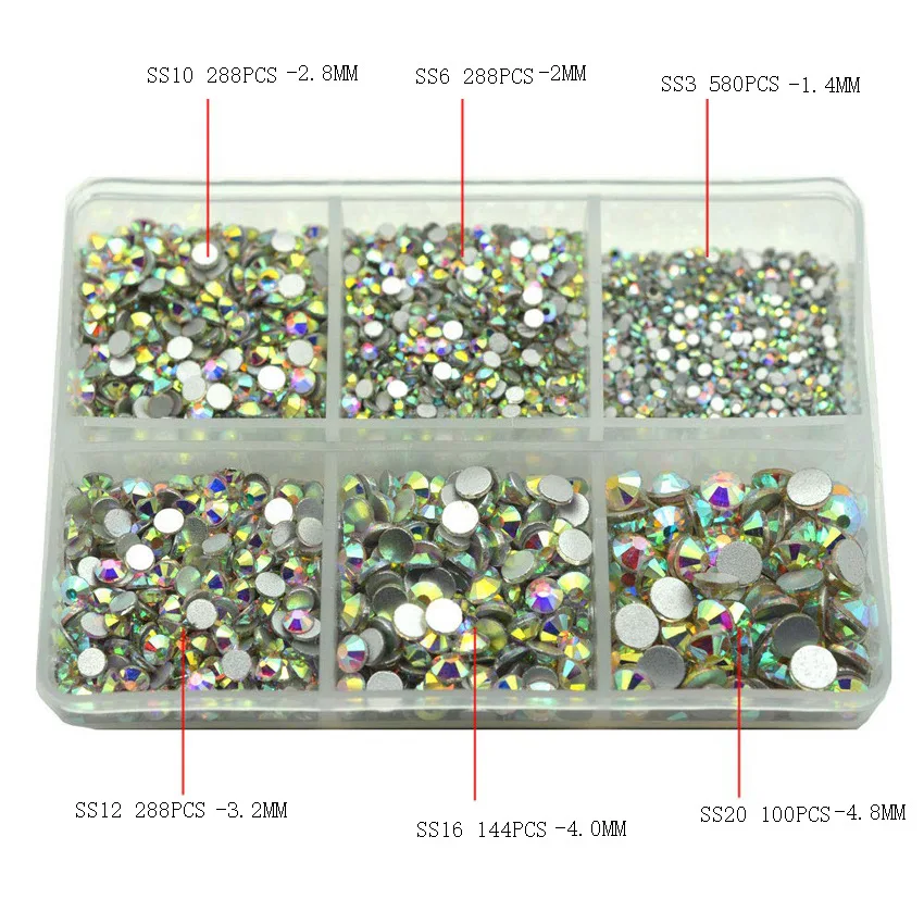 1.3-4.8mm 1688pcs AB 1 коробка, 3300 шт., стразы для горячей фиксации, железные Стразы для одежды, высокое качество, SS6-SS30 кристалл DMC AB, горячий задний стеклянный камень - Цвет: 1.3-4.8mm 1688pcs AB