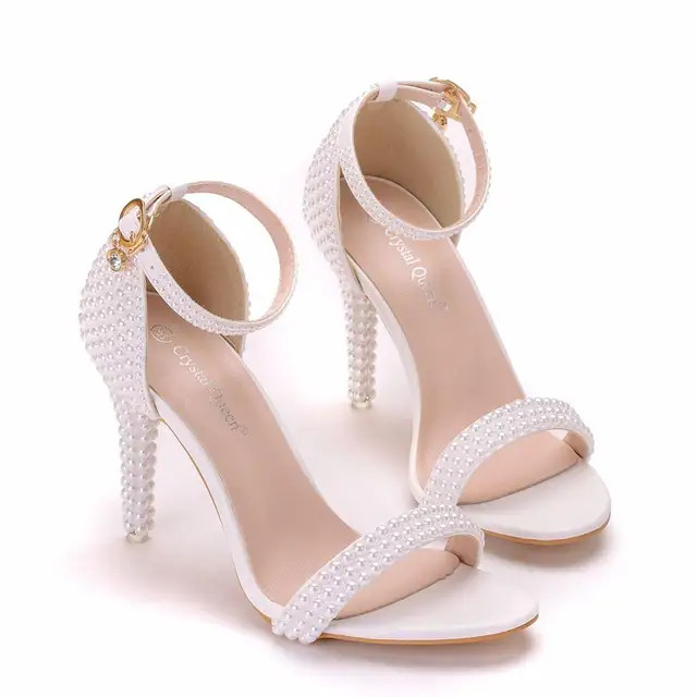Crystal Queen Bride Wedding Shoes Fashion White Stiletto Woman Ankle Strap Party Dress Sandals Open Toe High Heels Pumps Female 5