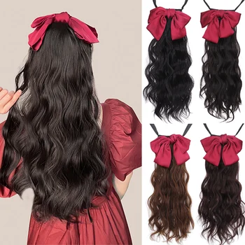 

DIANQI bow with black lace up long water wave ponytail hairpiece synthetic hair long clip tail ponytail extensions for female