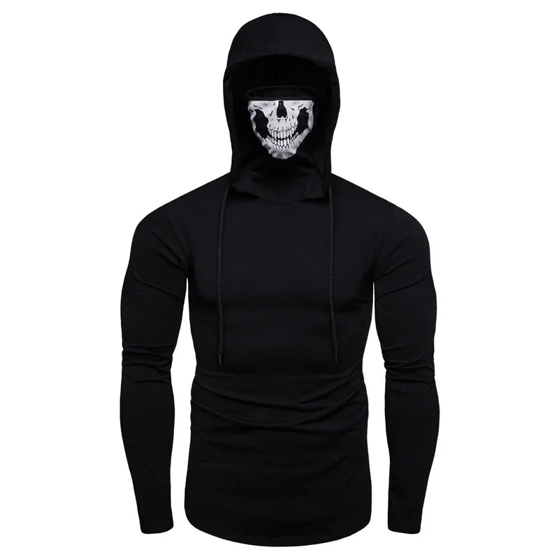 Scary Halloween Horror Demon Grim Reaper Costume Mens Skull Skeleton Print Pullover Tops Coat Mask Cotton Hoodie Hooded Sweater