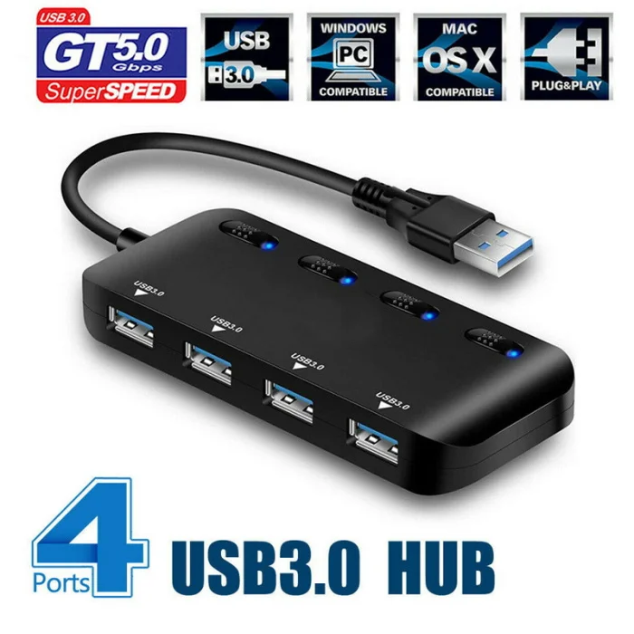 USB 3,0 концентратор сплиттер удлинитель 4 порта USB концентратор данных с индивидуальный переключатель светодиодный свет NC99