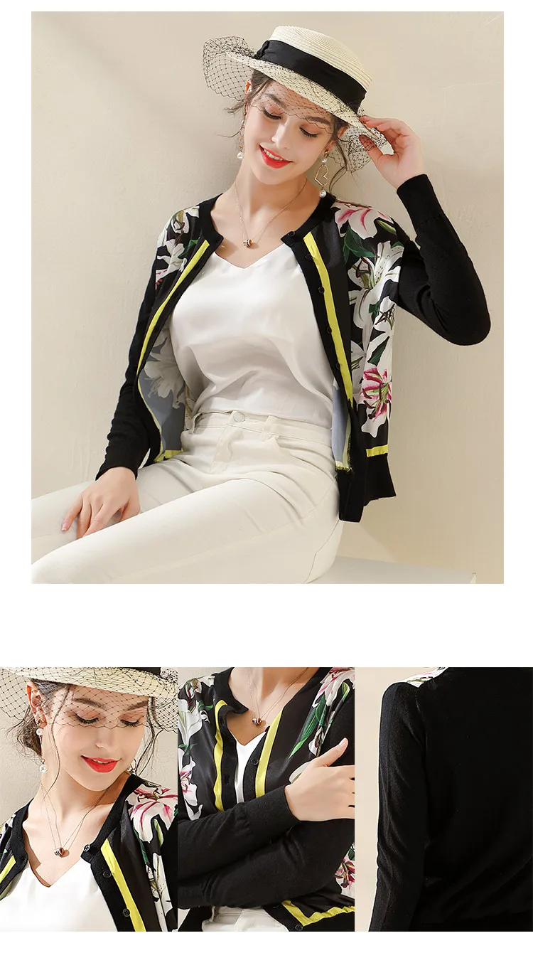 Elocah новые Подиумные Модные осенние кардиганы рубашка женская с длинным рукавом Кнопка Цветочный, отпечатанный, винтажный женский черный Вязаная блуза