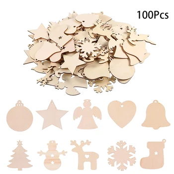 

100Pcs Christmas Wooden Pendants Ornaments DIY Wood Crafts Xmas Tree Ornaments Snowflake Christmas Party Decorations For Home