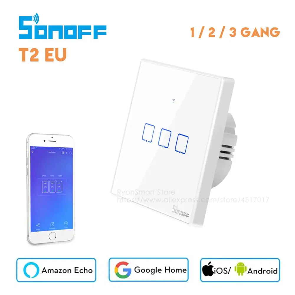 

Sonoff T2 EU Touch Wifi Switch, Ewelink APP/433 RF Remote Control, Work with Alexa Google Home Smart Home