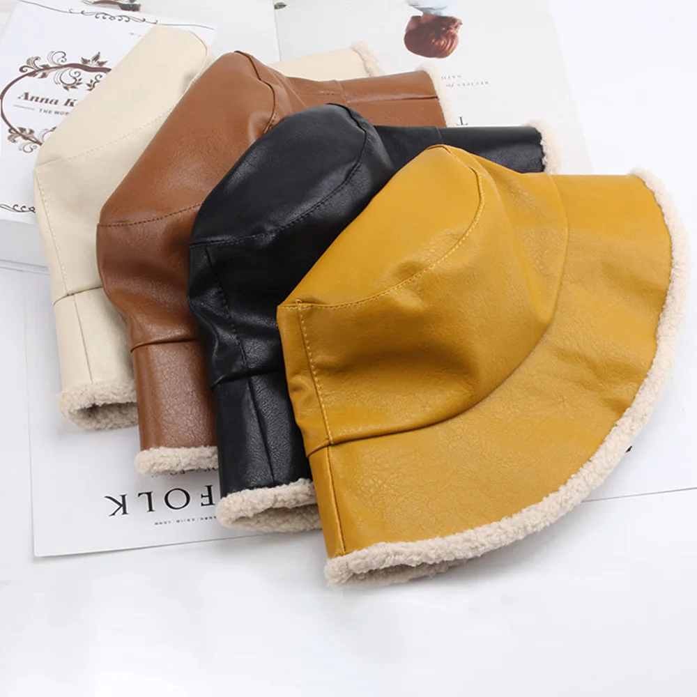 

Women Leather PU Warm Velvet Solid Bucket Hats Fashion Single Side Woolen Warmth Big Brim Fisherman Caps For Autumn And Winter