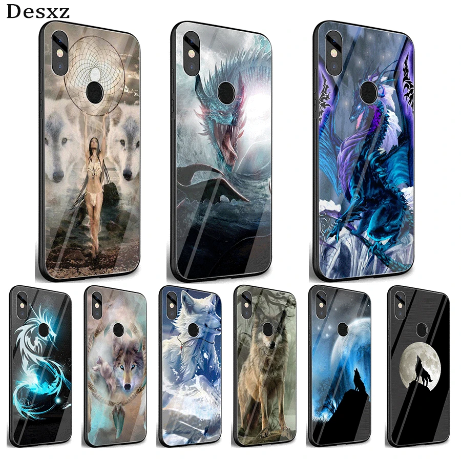 

Mobile Phone Case Glass For Xiaomi Note F1 A1 A2 4X 5X 6X 9 5 6 7 Pro Cover Wolf Dragon Animals Shell