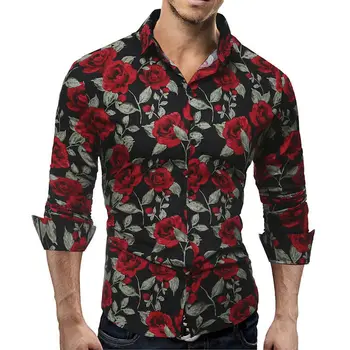 

Fashion Mens Luxury Long Sleeve Slim Shirt Casual Fitness Stylish Dress Shirts Tops Stylish Mens Rose Floral Print Dress Shirts