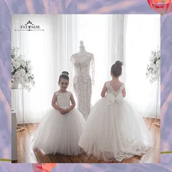 FATAPAESE 4-8 Years Flowers Appqulies Beads Bow With Long Train Backless Buttons Wedddding Party Dresses Bridal Kids Girl TUTU