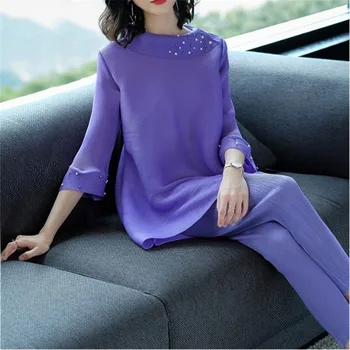 

LANMREM 2020 Spring Summer Beading Flare Sleeve Irregular Loose Tops + Casual Pants For Women Ladies Two Pieces Pants Set ZA456