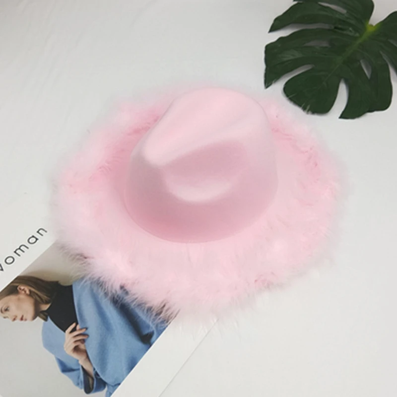 Pink Feather Fedora Hat Women's Wide 