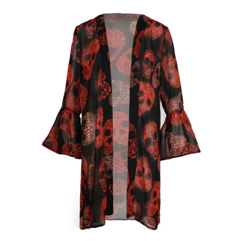 

Fashion Women Cardigan Long Sleeve Red Skull Printed Female Cardigan Kimono Mesh Spring Casual Elegant Kimono Lady Shirt Blouses