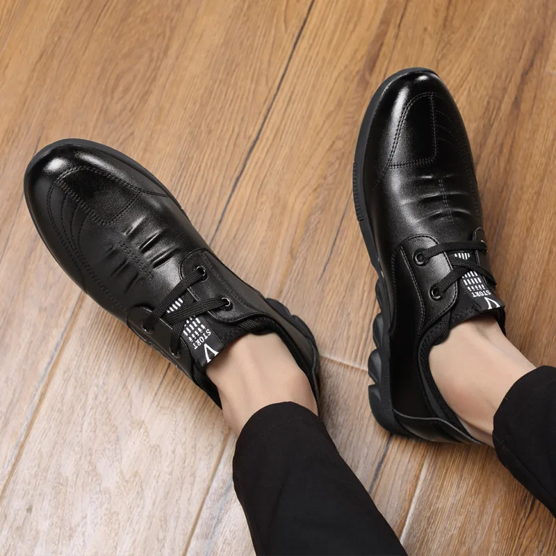 Merkmak New Autumn Men Leather Casual Shoes Classic Lace-up Business Flats Fashion British Style Increasing Shoes Big Size