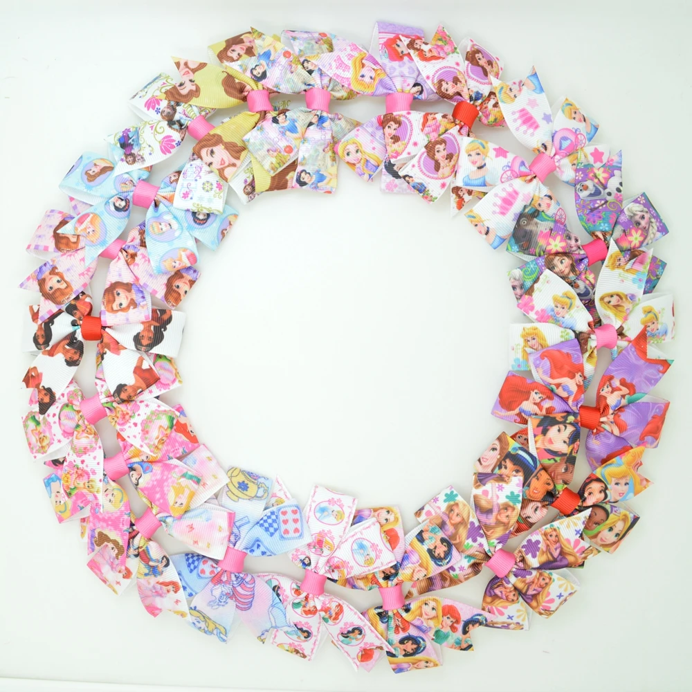 

DUWES 20pcs/lot 3.1" Inch Princess Printed grosgrain ribbon Bows Clips Girl's hair bow Headware Kids Hair Accessories MIX