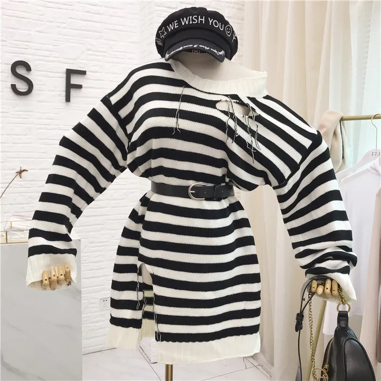 

2019 New Autumn Long Knitted Sweater Women's Personality Holes Loose Stripes Knitwear with Belt Female