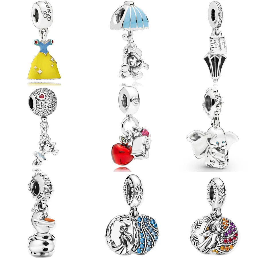 

2019 Real 925 Silver Olaf Dangle Charm Fit pandora bracelet Snow White's Apple Heart Hanging Elsa Nokk Dangle Charm DIY Jewelry