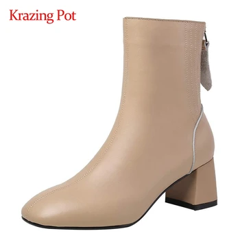 

Krazing pot new Chelsea boots real leather classic colors modern square toe thick high heel zipper elegant lady ankle boots L0f3