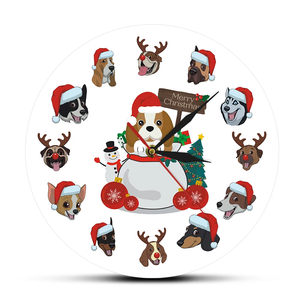 Adorable Dog with Christmas Hats Modern Round Wall Clock Dog Breeds Wearing Santa Hats Silent Wall Clock Holidays Wall Decor