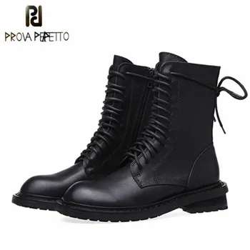 

Prova Perfetto 2020 Classics Boots Women Black Leather Lace-Up Round Toe Square Heel Sid-Zipper Party Autumn Women Ankle Boots