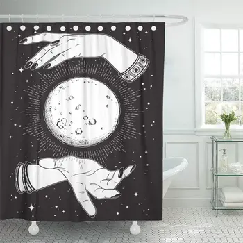 

Full Moon Rays of Light in Hands Fortune Teller Line and Dot Work Boho Chic Tattoo Shower Curtains Bathroom Curtain