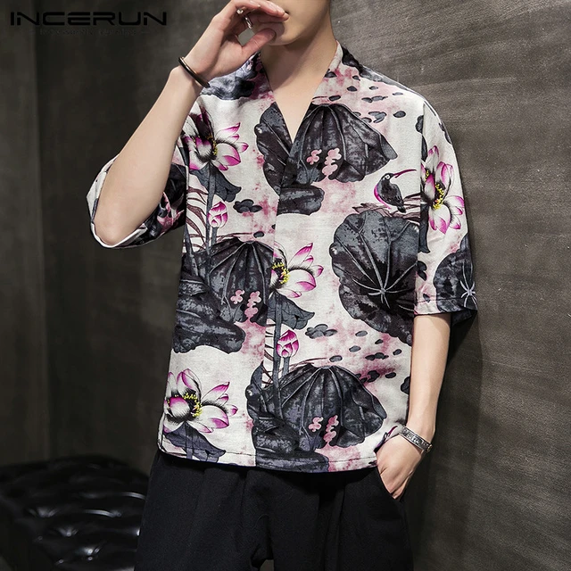 Camisas étnicas para hombre, camiseta Retro estampada de manga corta, estilo chino, cuello en V, blusa algodón de verano para vacaciones en la playa INCERUN7 - Mobile