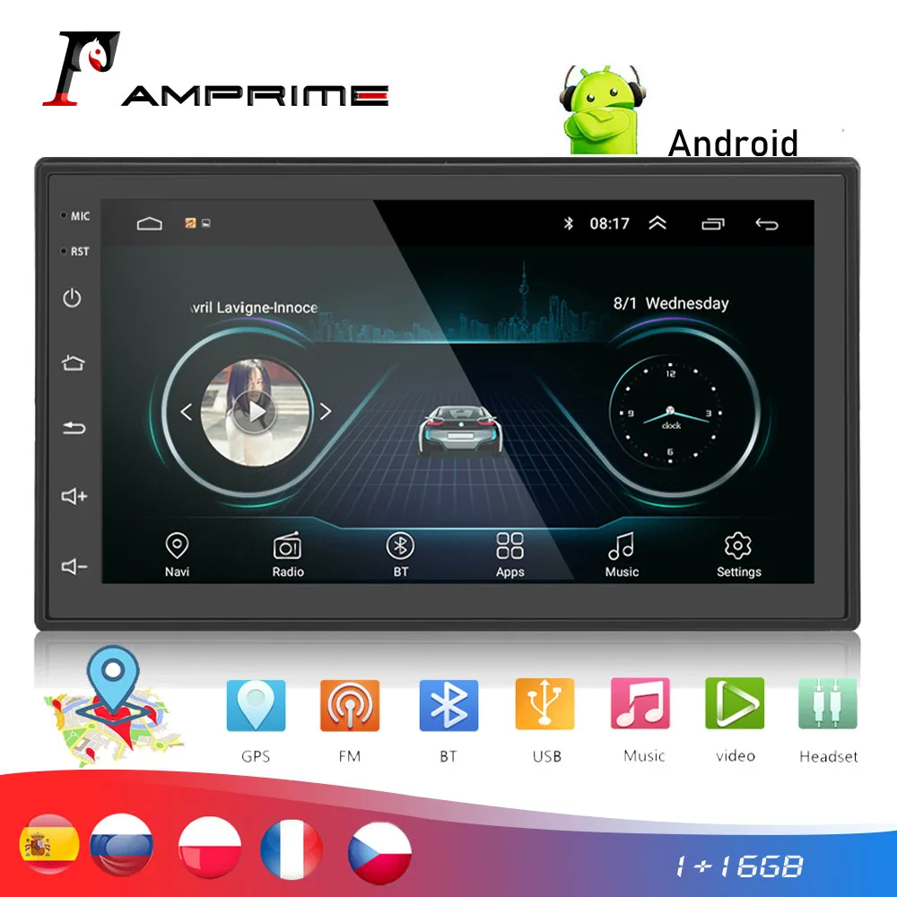 AMPrime-Radio Multimedia con GPS para coche, Radio con reproductor MP5, Android, 2 din, 7 pulgadas, Bluetooth, FM, USB, AUXCar, estéreo, Monitor de marcha atrás