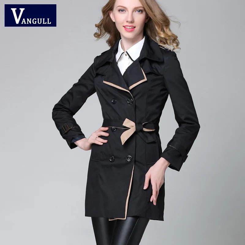 VANGULL 2018 New Fashion Designer Brand Classic European Trench Coat khaki Black Double Breasted Women Slim Patchwork Coat