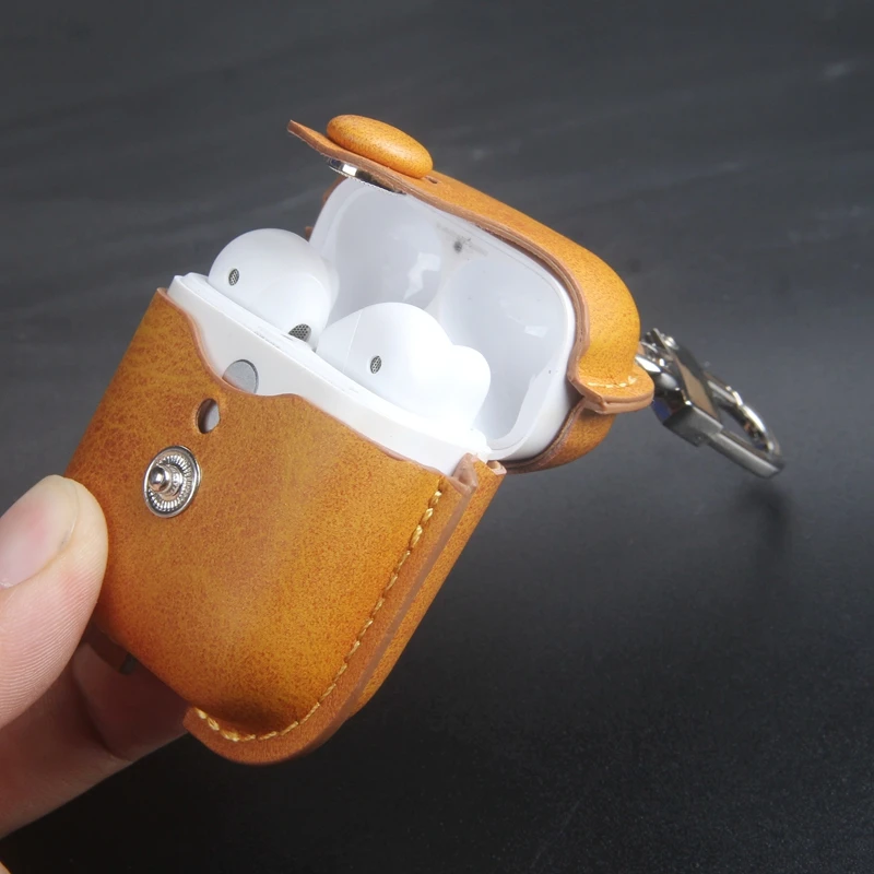 for REALME buds air case business retro color leather protective cover keychain crazy horse series true wireless headphones case
