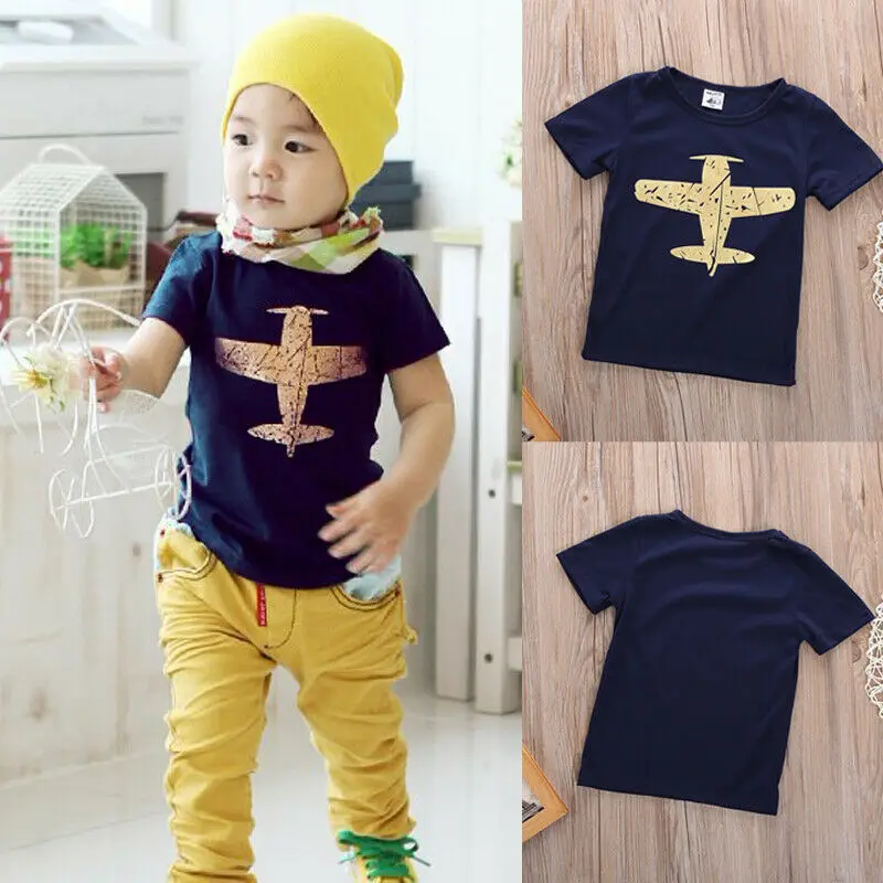 

New Cotton Born Baby Clothes Aircraft Printing T-shirt Blue Airplane Plain Tees Tops Boys Clothes Short Sleeve T-Shirt Boys