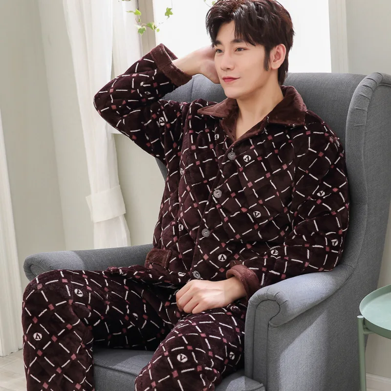 

Pajamas Winter Three Layer Thick Coral Velvet Padded plus Velvet Flannel Men Homewear Set Winter Style 8434 Brown