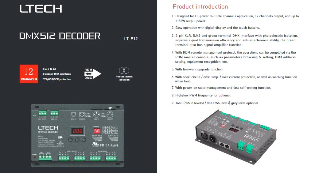 Светодиодный декодер DMX512; DC12-24V вход; 4А* 12CH 12 канальный выход RGB/RGBW светодиодный декодер XLR-3/RJ45 LT-912-O светодиодный/LT-912