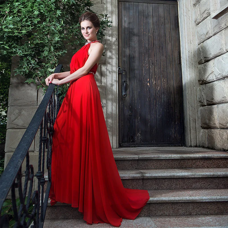 Robe de soiree сексуальное вечернее платье с открытой спиной и кристаллами, Длинное Элегантное платье, красное шифоновое платье для выпускного вечера, платья подружки невесты