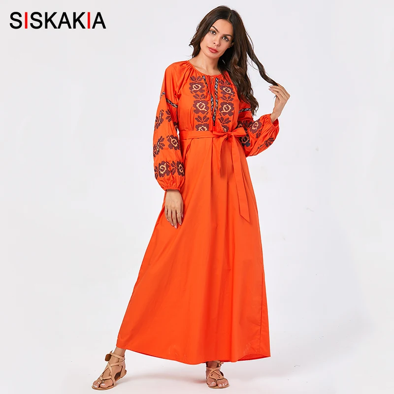

Siskakia Arabian Women Long Dress Elegant Flower Embroidery Loose Muslim Dresses 2019 Round Neck Lantern Long Sleeve Slim Sash