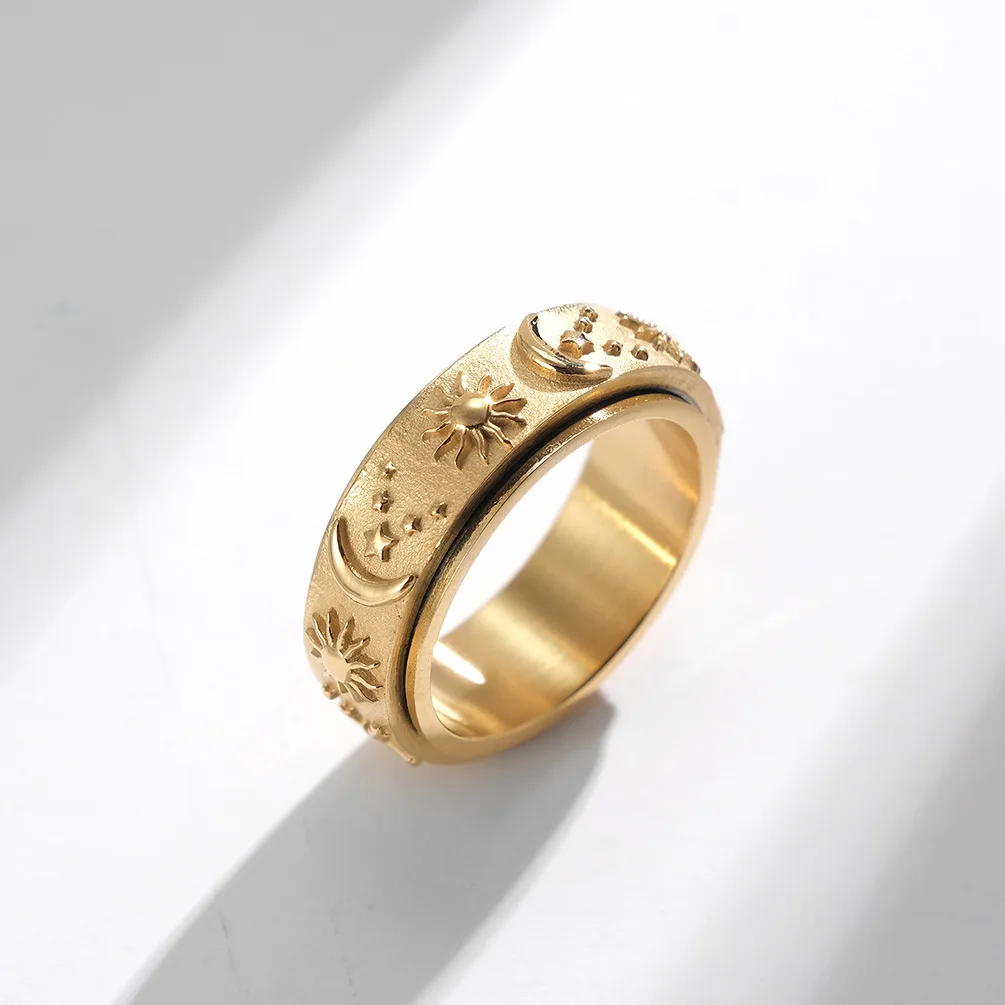 Vintage Stainless Steel Sun Moon Star Spinner Ring For Women Men Stress Release Ring Rotatable Fidget Ring Hiphop Biker Jewelry
