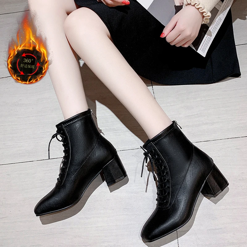 

Lace Up 2020 Platform Boots Women Women solid color Boots Street Style Shoes Fashion Casual Black Ankle Boots For Women U11-84