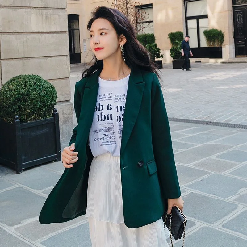 

Photo Shoot Elegant CHIC Normcore Style Dark Green Double Breasted Small Suit Women's Ol Career Simple Short Coat Autumn