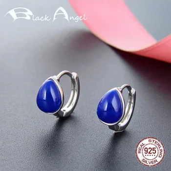 

Fashion CZ Handmade Water Drop Blue Enamel Hoop Earrings Genuine 925 Sterling Silver Fine Jewelry