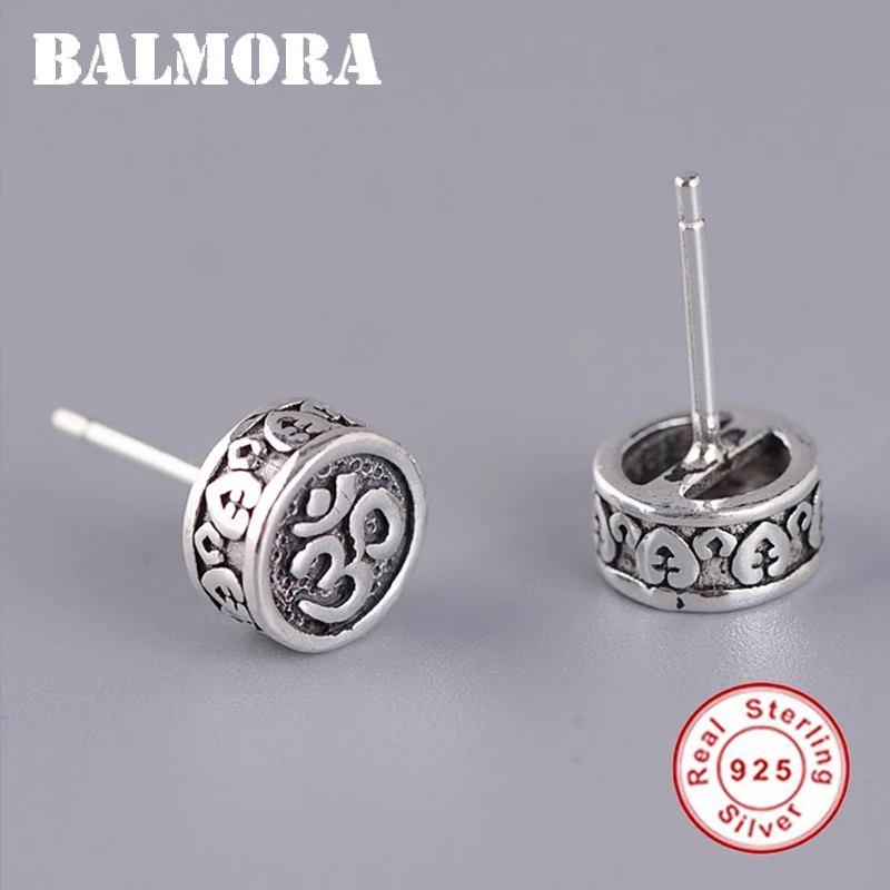 BALMORA 925 серебро традиционные шесть слов сутра серьги гвоздики для женщин и мужчин Пара Мода ретро панк ювелирные изделия Brincos