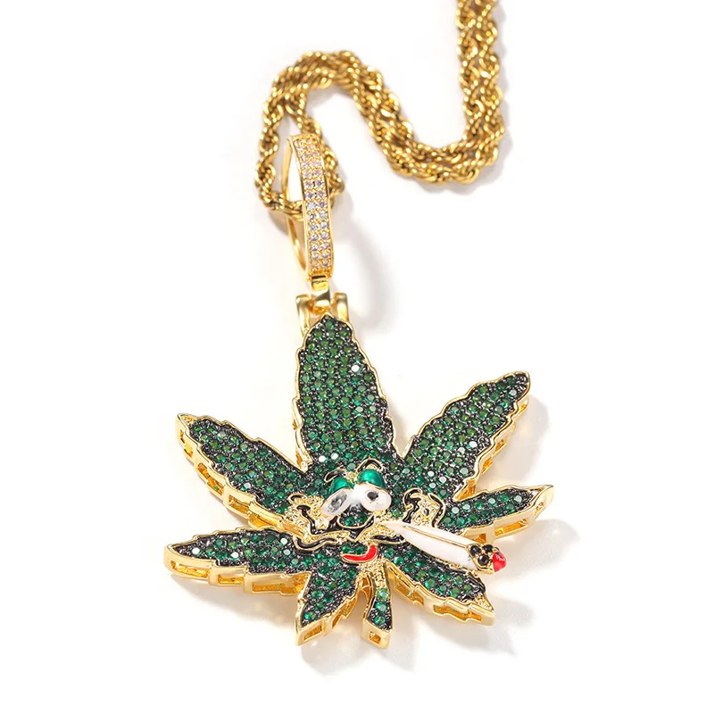 

Hip Hop Green White CZ Stone Paved Bling Ice Out Smoking Marijuana Leaf Pendants Necklaces for Men Rapper Jewelry Drop Shipping