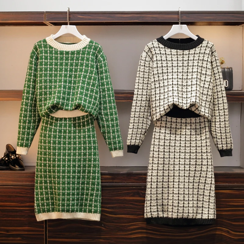 

Westernized Knitted Sweater Suit 2019 Large Size Female Dress Fat Sister New Autumn Dress Two Suits