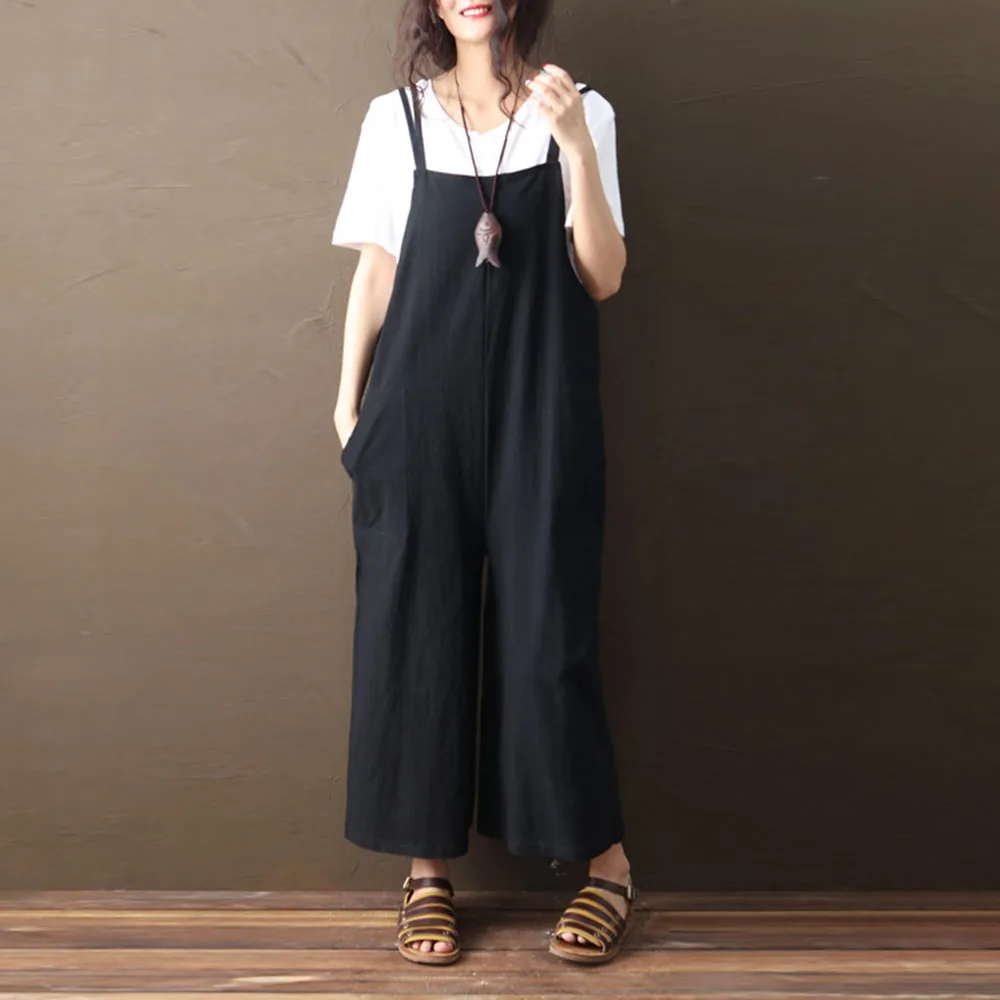 

Summer Jumpsuit Cotton Linen High Quality Jumpsuit Loose Womens Jumpsuits Rompers Casual Overalls Strap Solid One Piece Romper