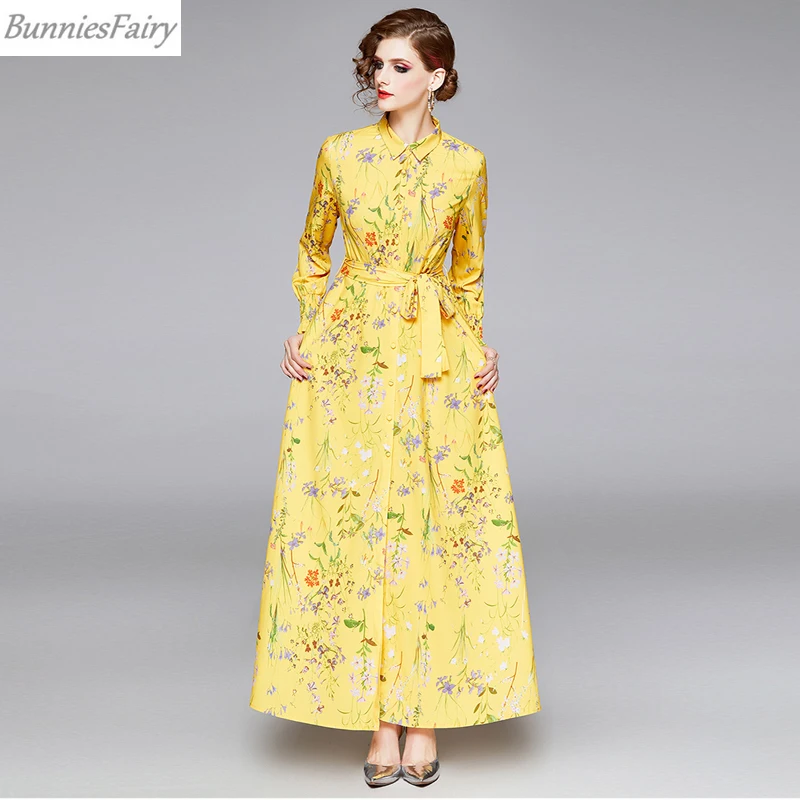 BunniesFairy 2020 New Spring Women Bohemian Yellow Flower Floral Print Long Sleeve Single-breasted Maxi Dress Beach Holiday Wear |